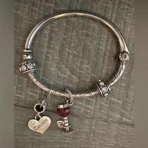 Brighton Silver Cuff Bracelet: Wine + Cousin Charms,Rhinestones +Tin Heart Box